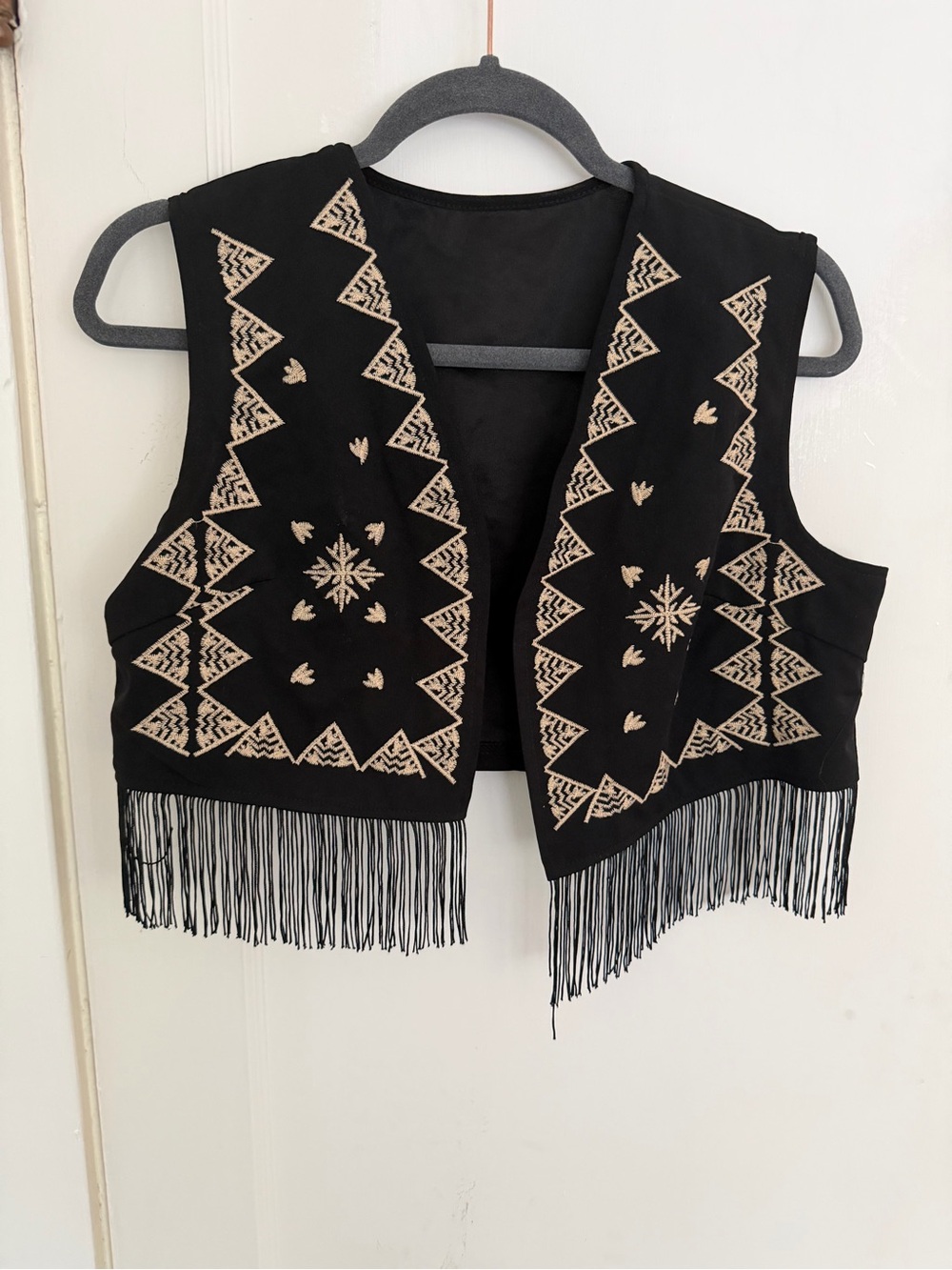 Black Embroidered Western Cropped Fringe Vest - Women's Top